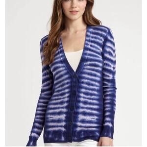 Tory Burch Blue Stripe Tiger Tie Dye Combo Pat Cardigan Small Preppy Coastal